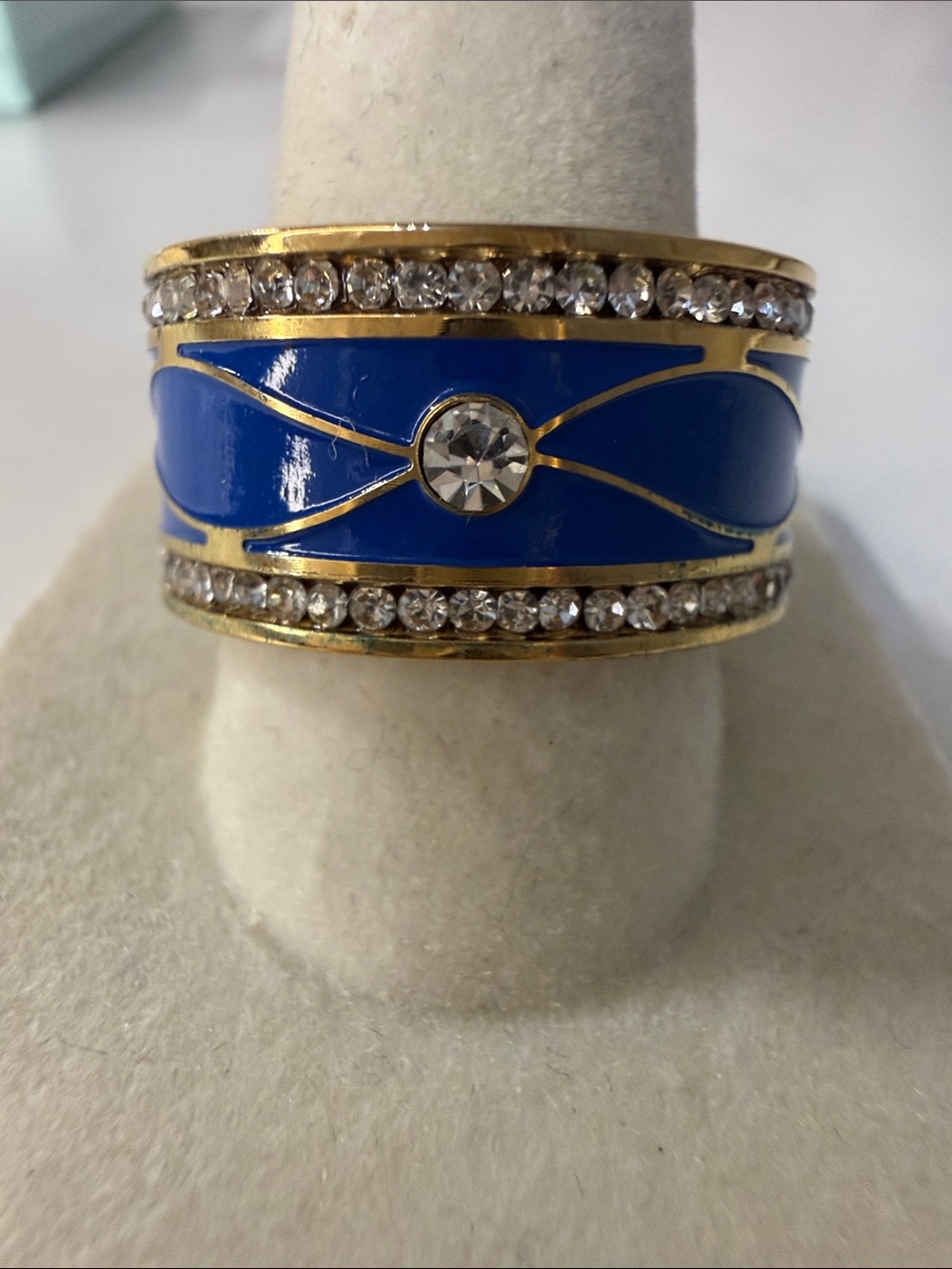 Stainless Steel Gold-Tone Blue Enamel Crystal Accent Women's Ring
